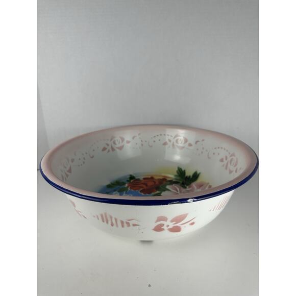 VTG Pink Metal Enamel Wash Basin With Roses And Butterflies Theme 14” - Picture 2 of 6